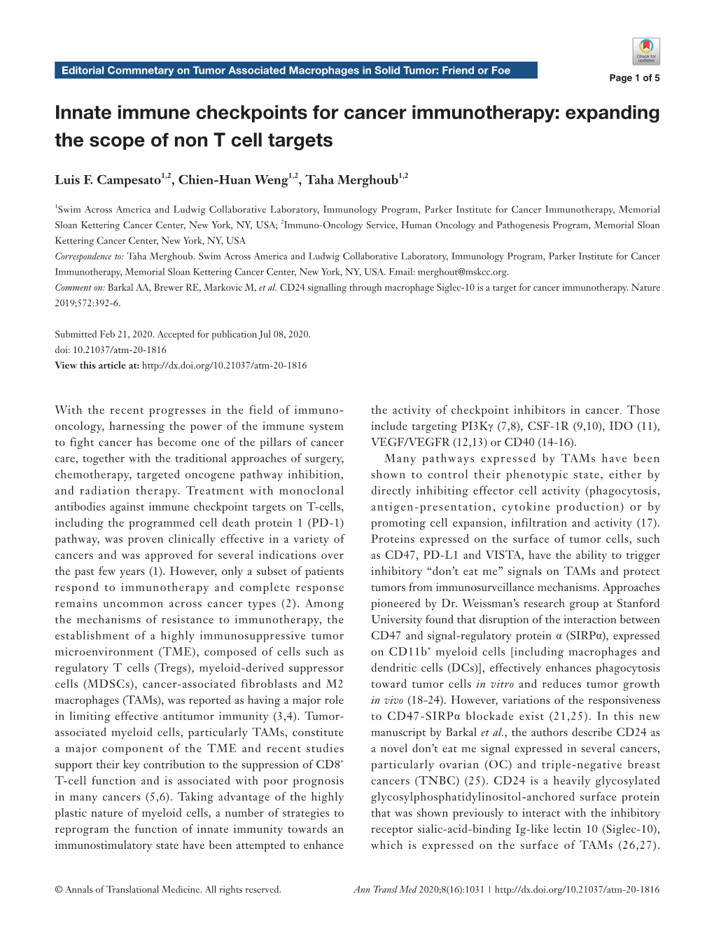 Innate Immune Checkpoints for Cancer Immunotherapy: Expanding the Scope of Non T Cell Targets