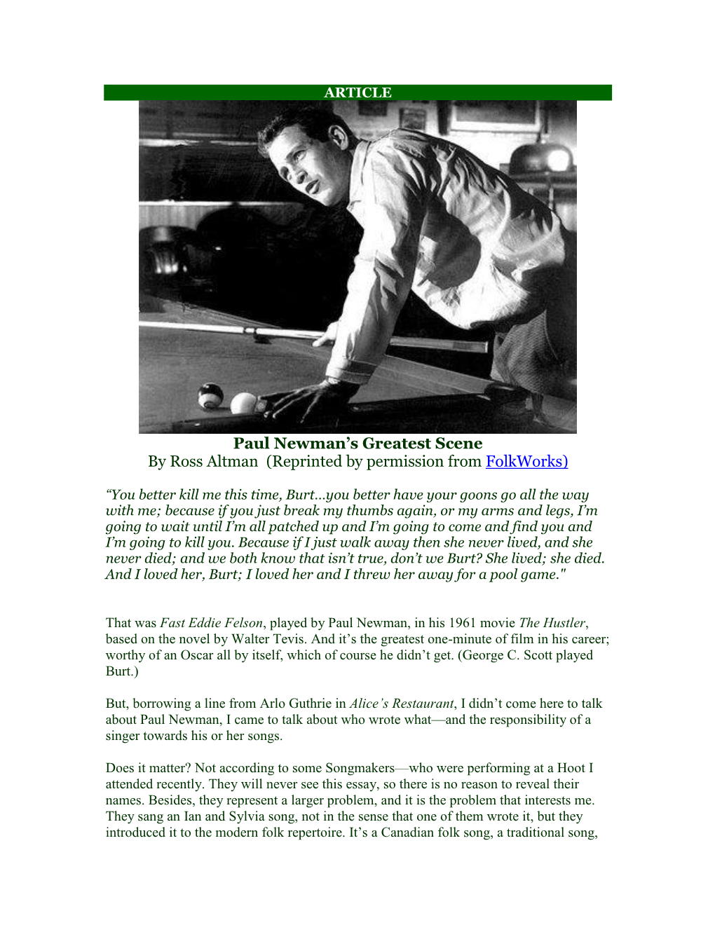 Paul Newman's Greatest Scene by Ross Altman (Reprinted By