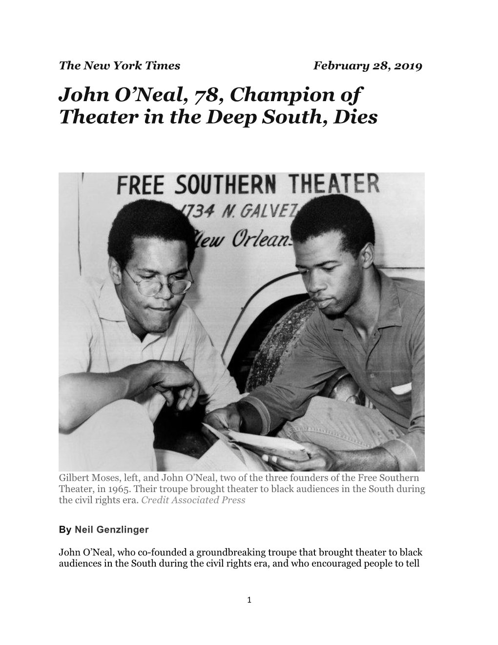 John O'neal, 78, Champion of Theater in the Deep South, Dies