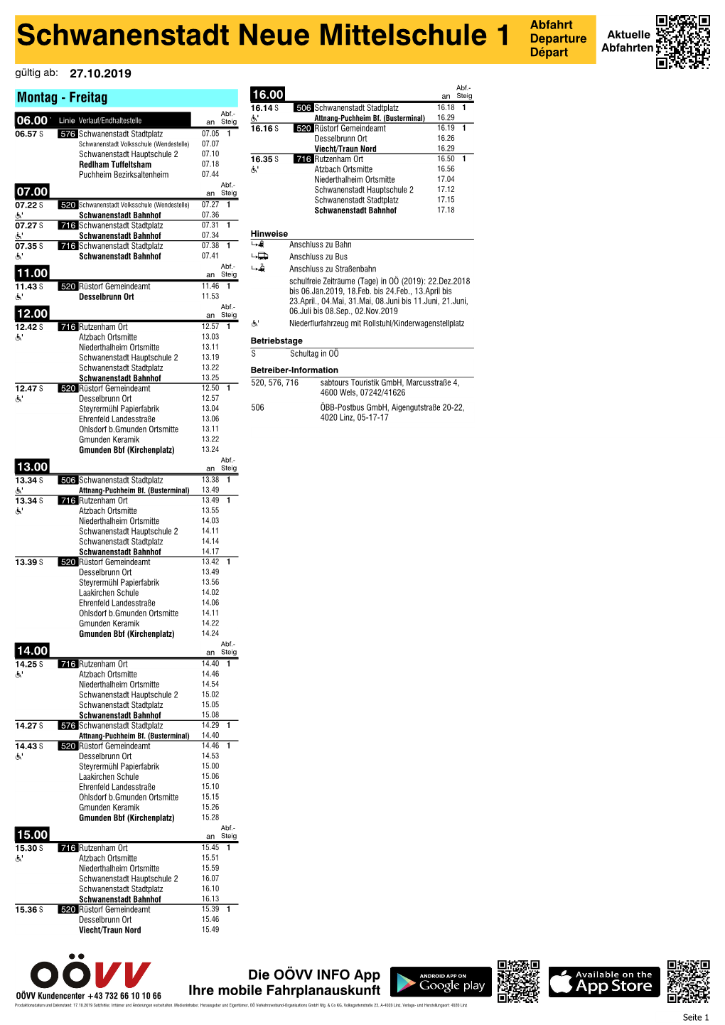 Schwanenstadt Neue Mittelschule 1 Departure Aktuelle Départ Abfahrten Gültig Ab: 27.10.2019 1 4