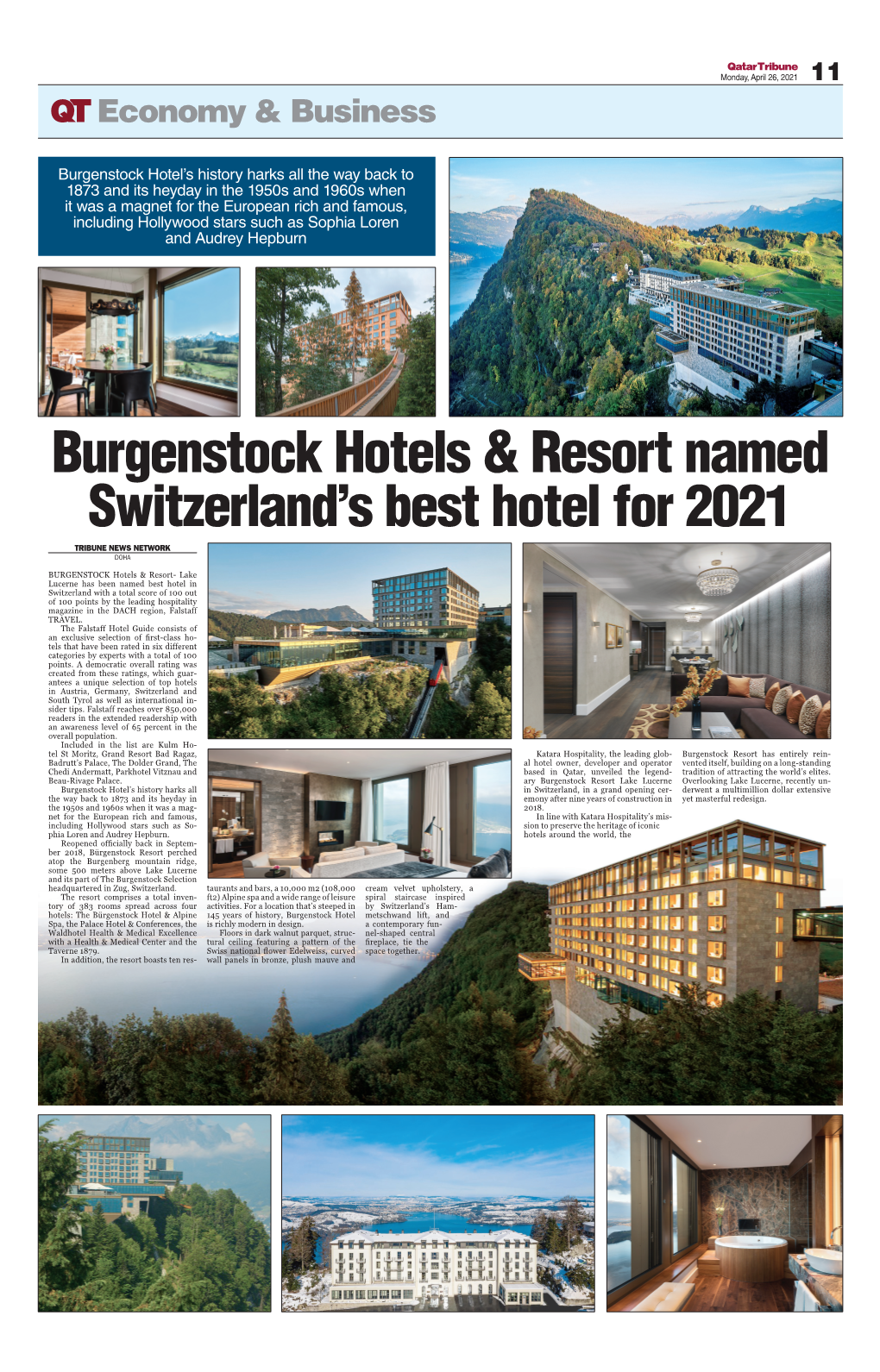 Burgenstock Hotels & Resort Named Switzerland's Best Hotel for 2021