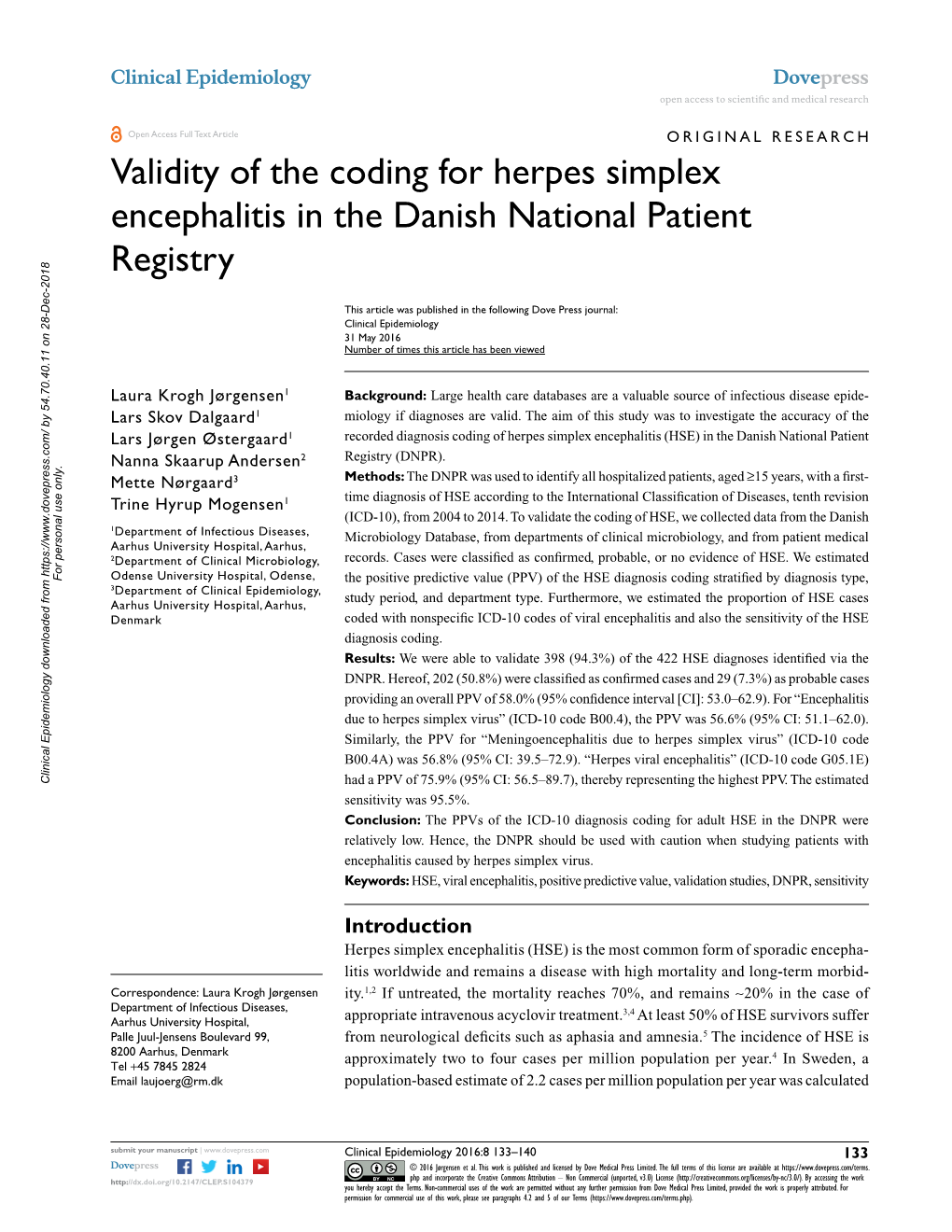 Validity of the Coding for Herpes Simplex Encephalitis in the Danish National Patient Registry