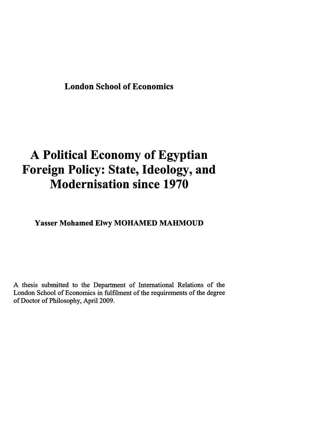 A Political Economy of Egyptian Foreign Policy: State, Ideology, and Modernisation Since 1970