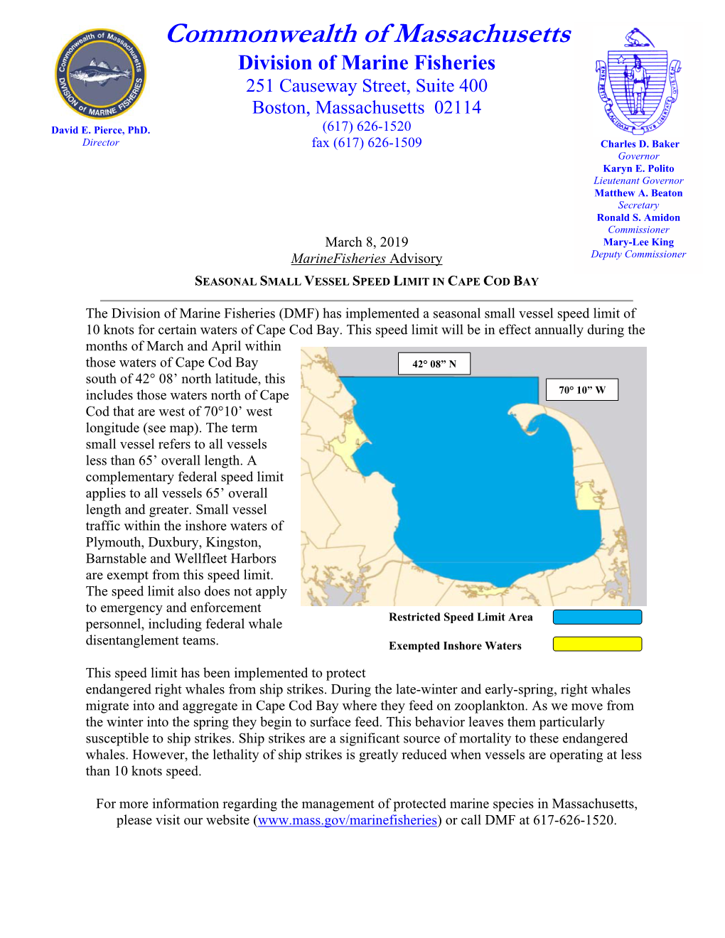 Seasonal Small Vessel Speed Limit in Cape Cod Bay