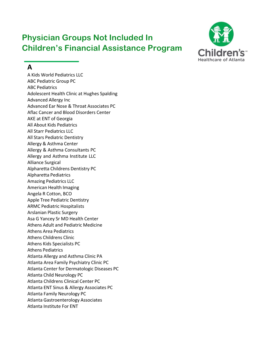 Physician Groups Not Included in Children's Financial Assistance Program