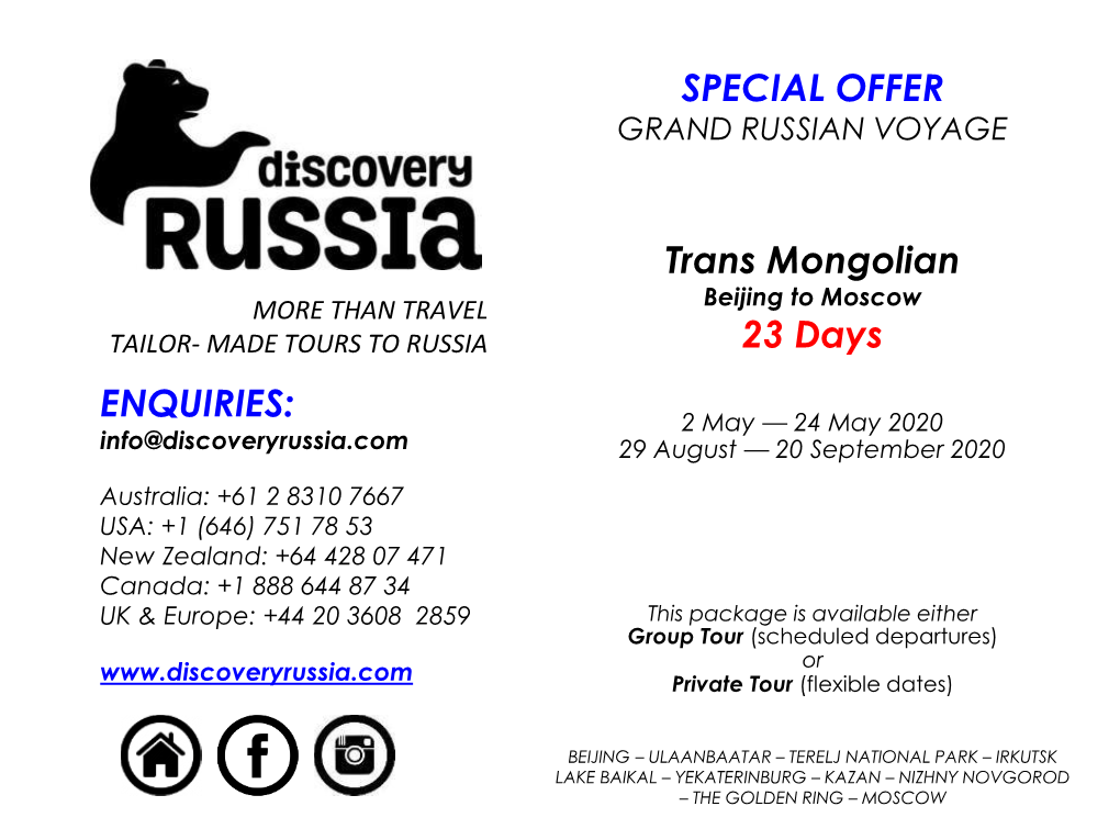 SPECIAL OFFER Trans Mongolian 23 Days