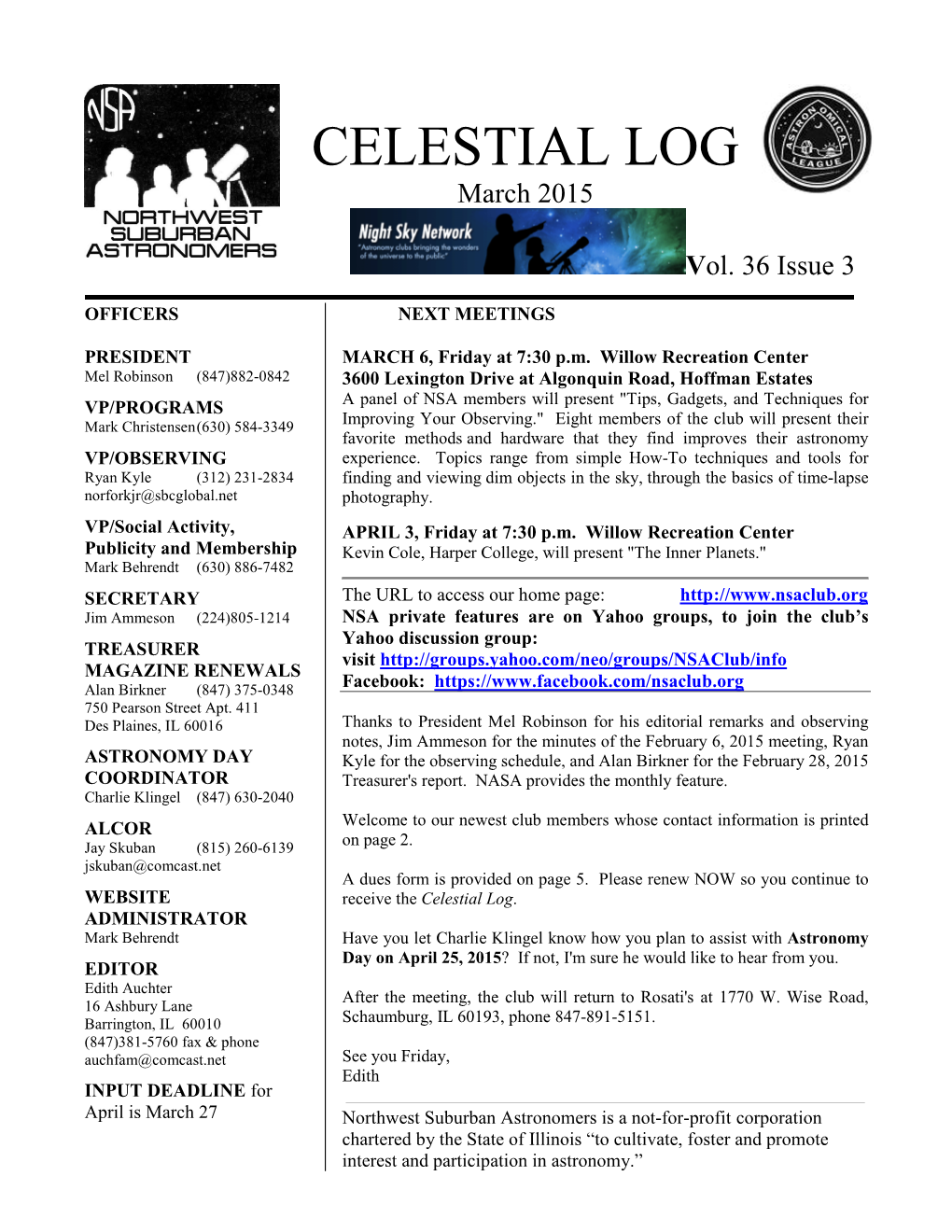 CELESTIAL LOG March 2015