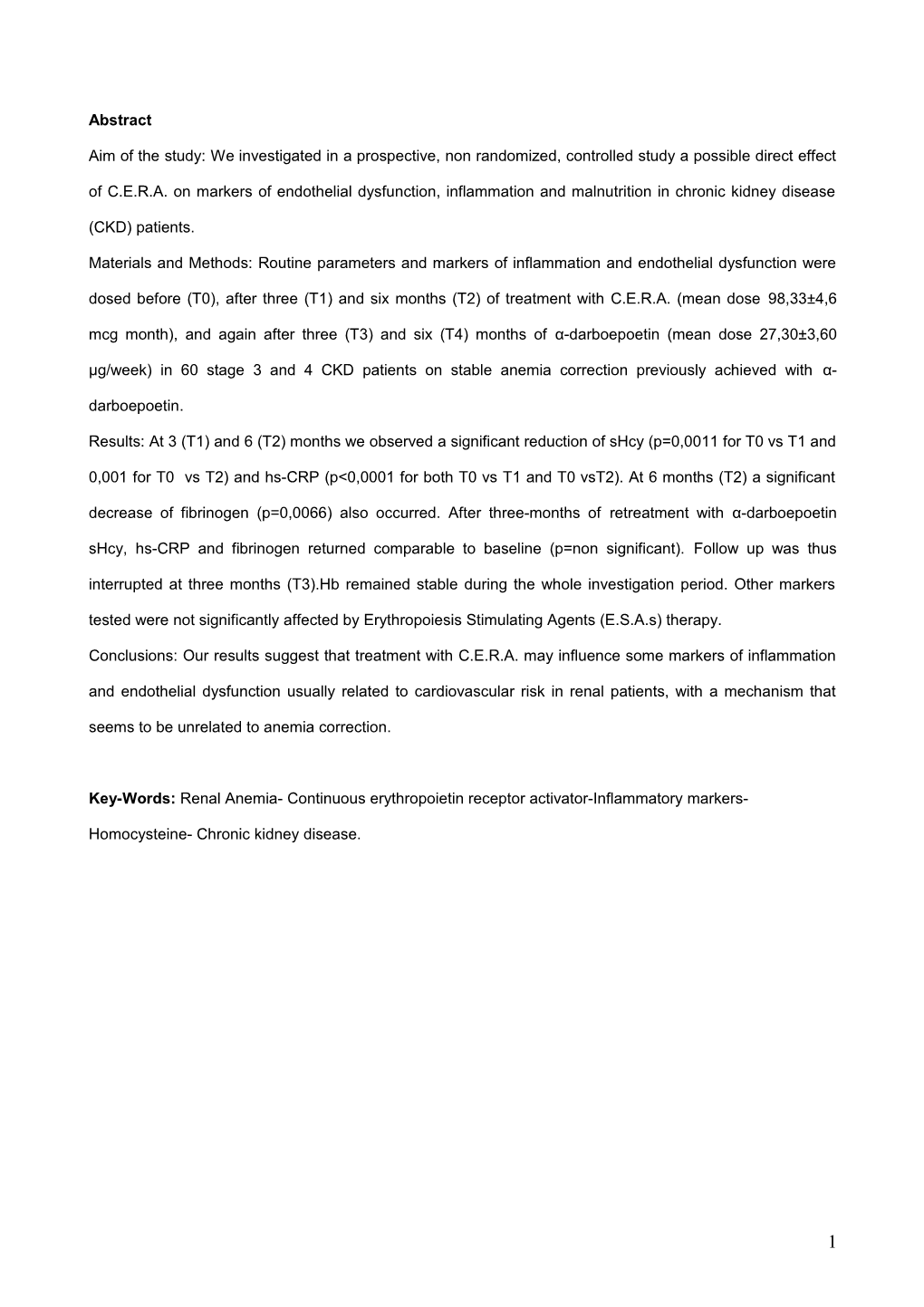 Influence of Treatment with Continuous Erythropoietin Receptor Activator on Markers Of