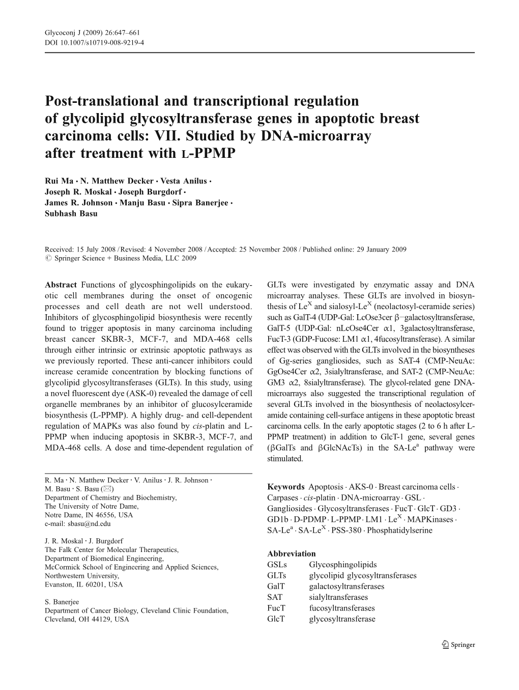 Post-Translational and Transcriptional Regulation of Glycolipid Glycosyltransferase Genes in Apoptotic Breast Carcinoma Cells: VII