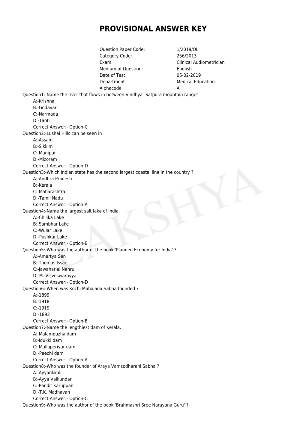 Provisional Answer Key