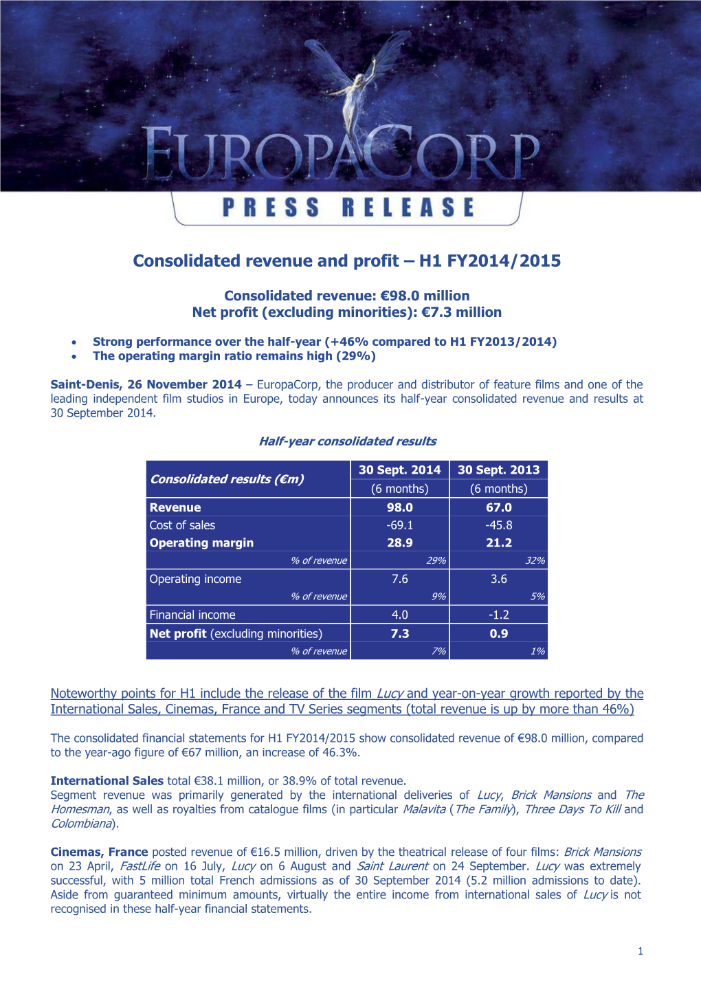 Consolidated Revenue and Profit – H1 FY2014/2015