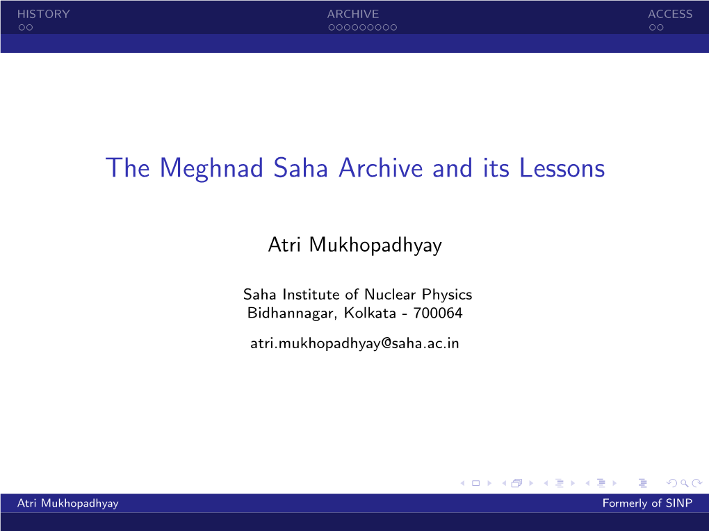 The Meghnad Saha Archive and Its Lessons