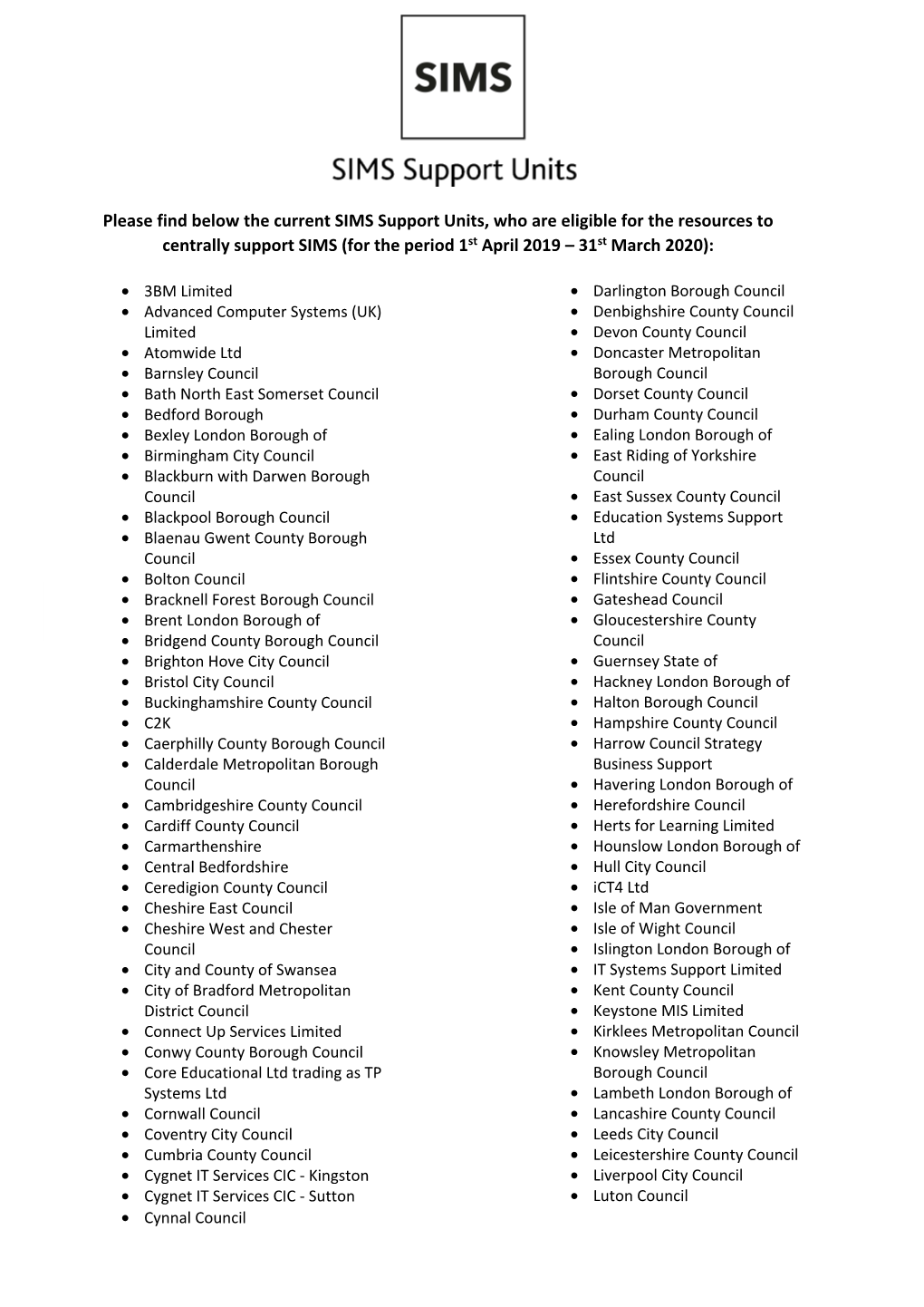 Please Find Below the Current SIMS Support Units, Who Are Eligible for the Resources to Centrally Support SIMS (For the Period 1St April 2019 – 31St March 2020)