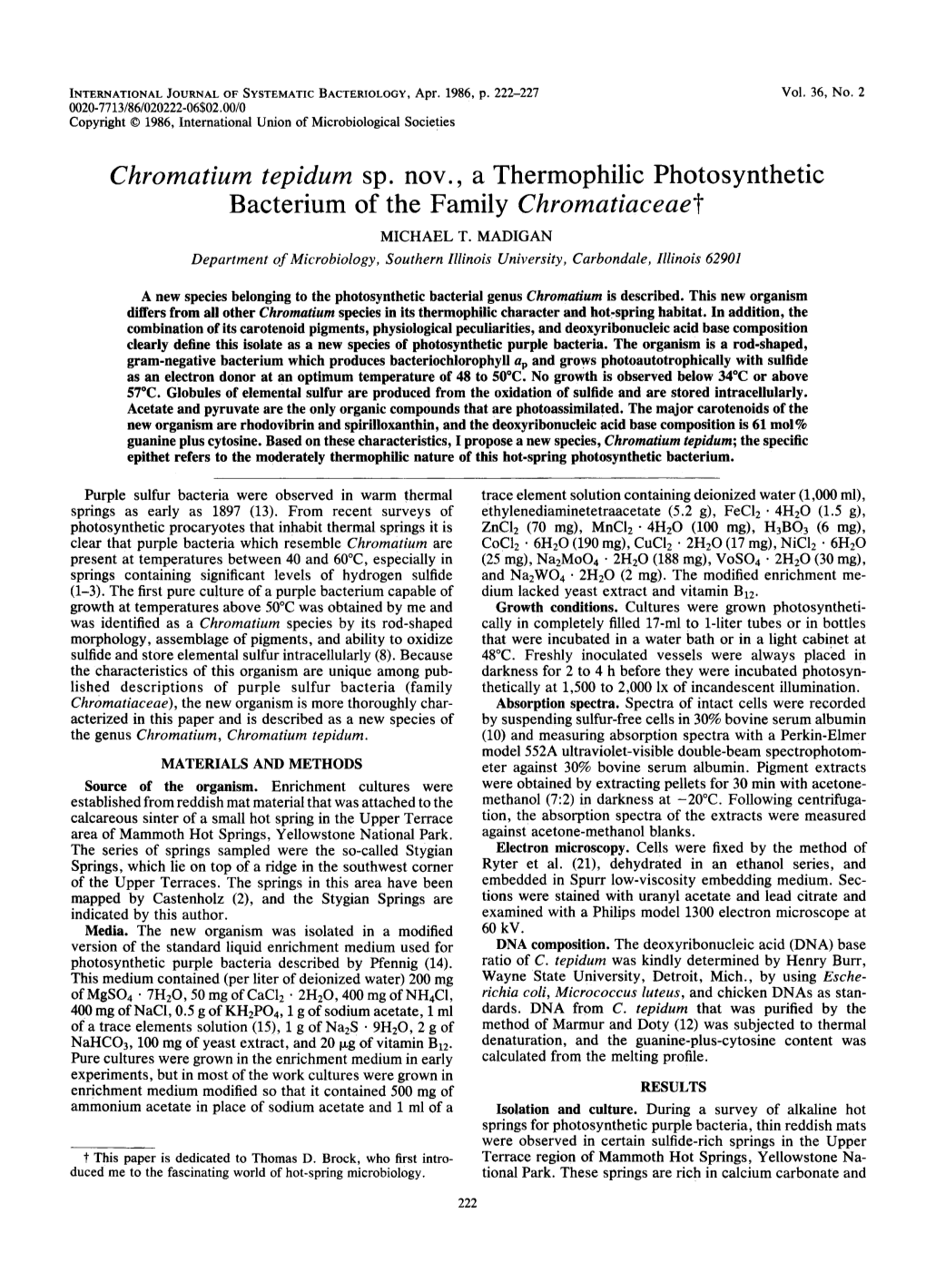 Chromatium Tepidum Sp. Nov. a Thermophilic Photosynthetic Bacterium of the Family Chromatiaceae? MICHAEL T