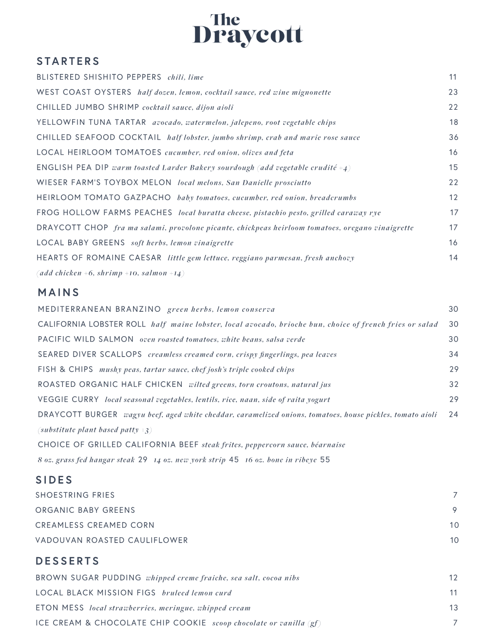 Draycott Menu Pg 1