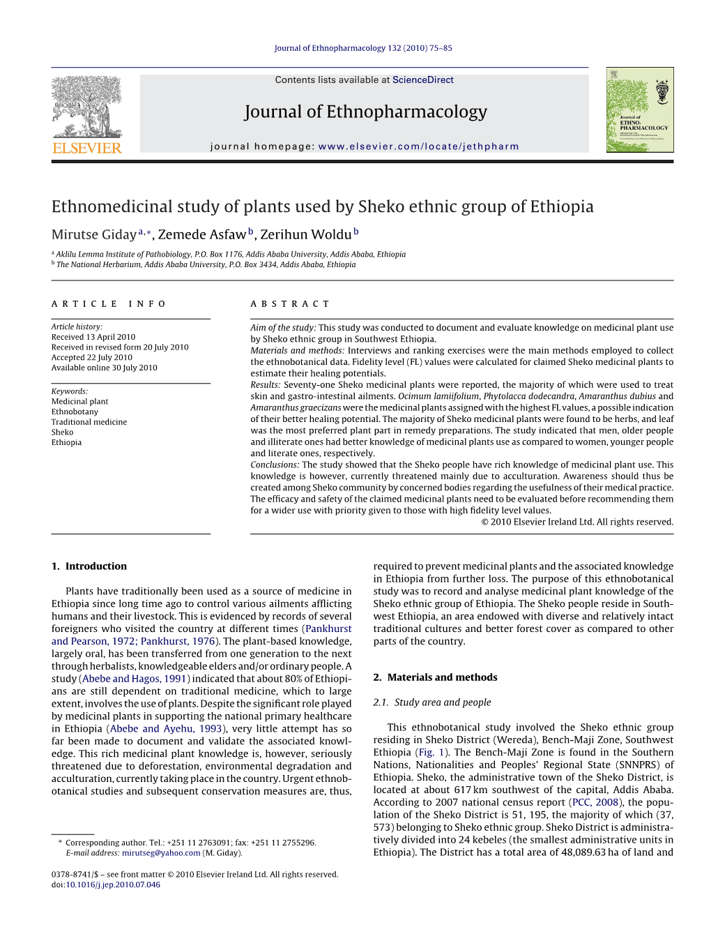 Ethnomedicinal Study of Plants Used by Sheko Ethnic Group of Ethiopia