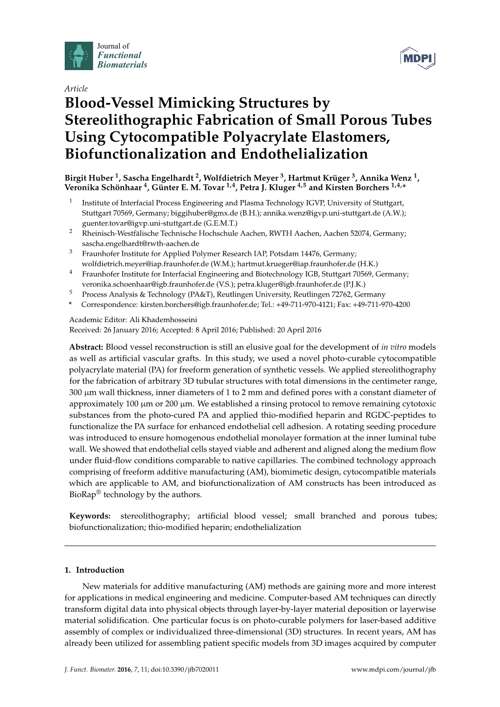 Blood-Vessel Mimicking Structures by Stereolithographic Fabrication of Small Porous Tubes Using Cytocompatible Polyacrylate Elas