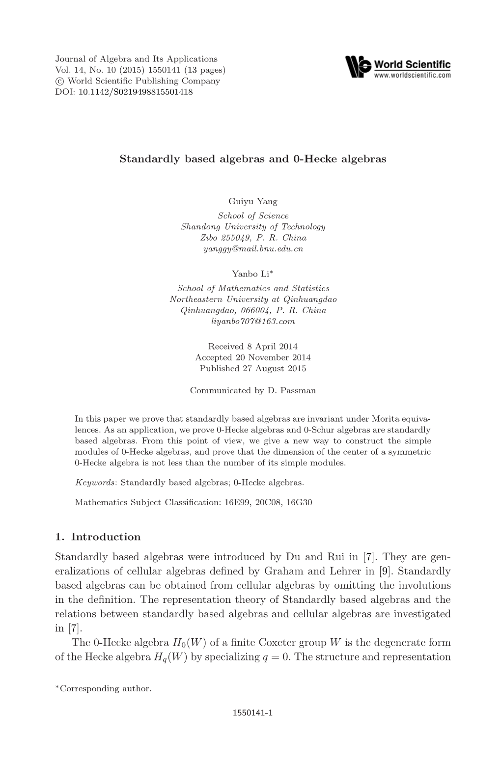 Standardly Based Algebras and 0-Hecke Algebras 1. Introduction