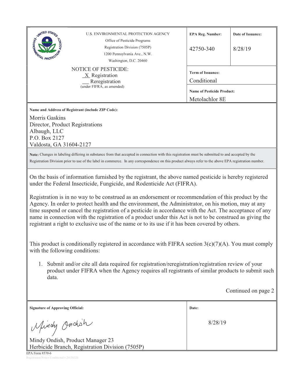 US EPA, Pesticide Product Label, Metolachlor 8E,08/28/2019