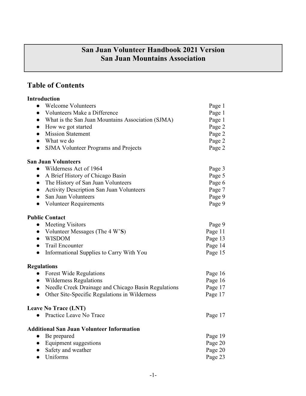 San Juan Volunteer Handbook 2021 Version San Juan Mountains Association