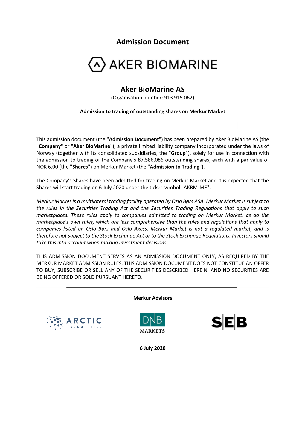 Admission Document Aker Biomarine AS