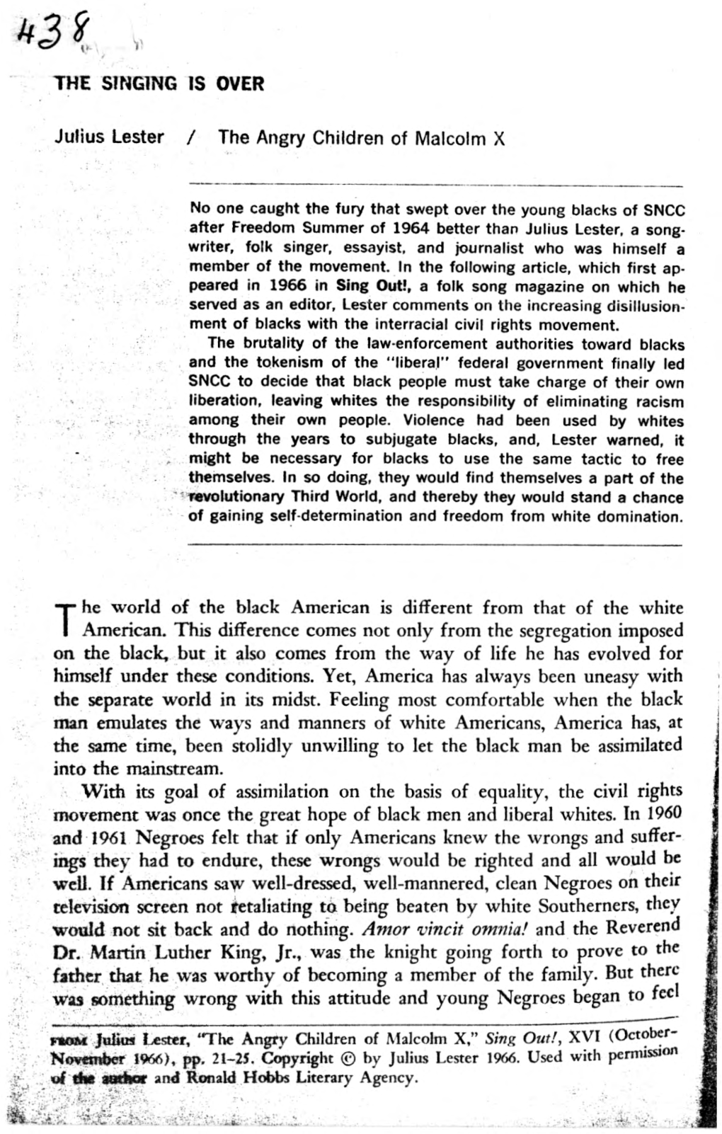 The Singing Is Over, Julius Lester, the Angry Children of Malcolm X