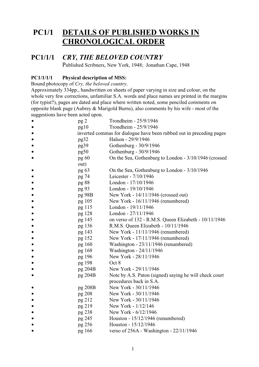 Pc1/1 Details of Published Works in Chronological Order