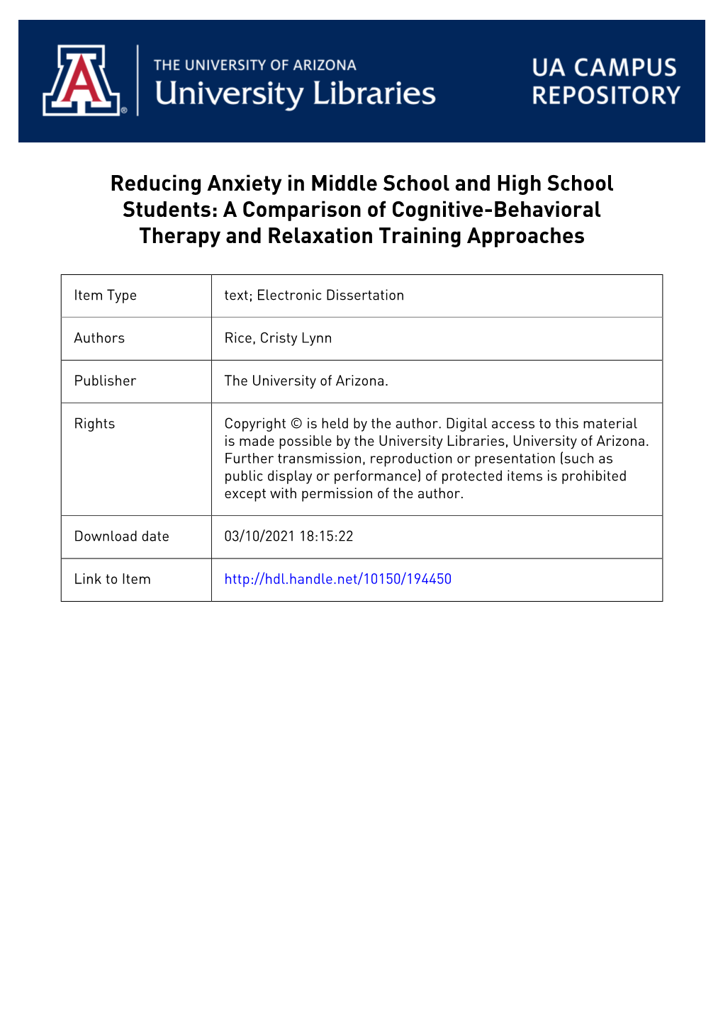 Reducing Anxiety in Middle School and High School Students: a Comparison of Cognitive-Behavioral Therapy and Relaxation Training Approaches