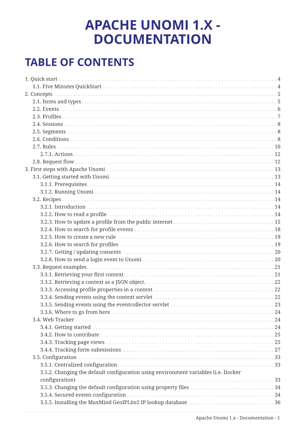 Apache Unomi 1.X - Documentation Table of Contents