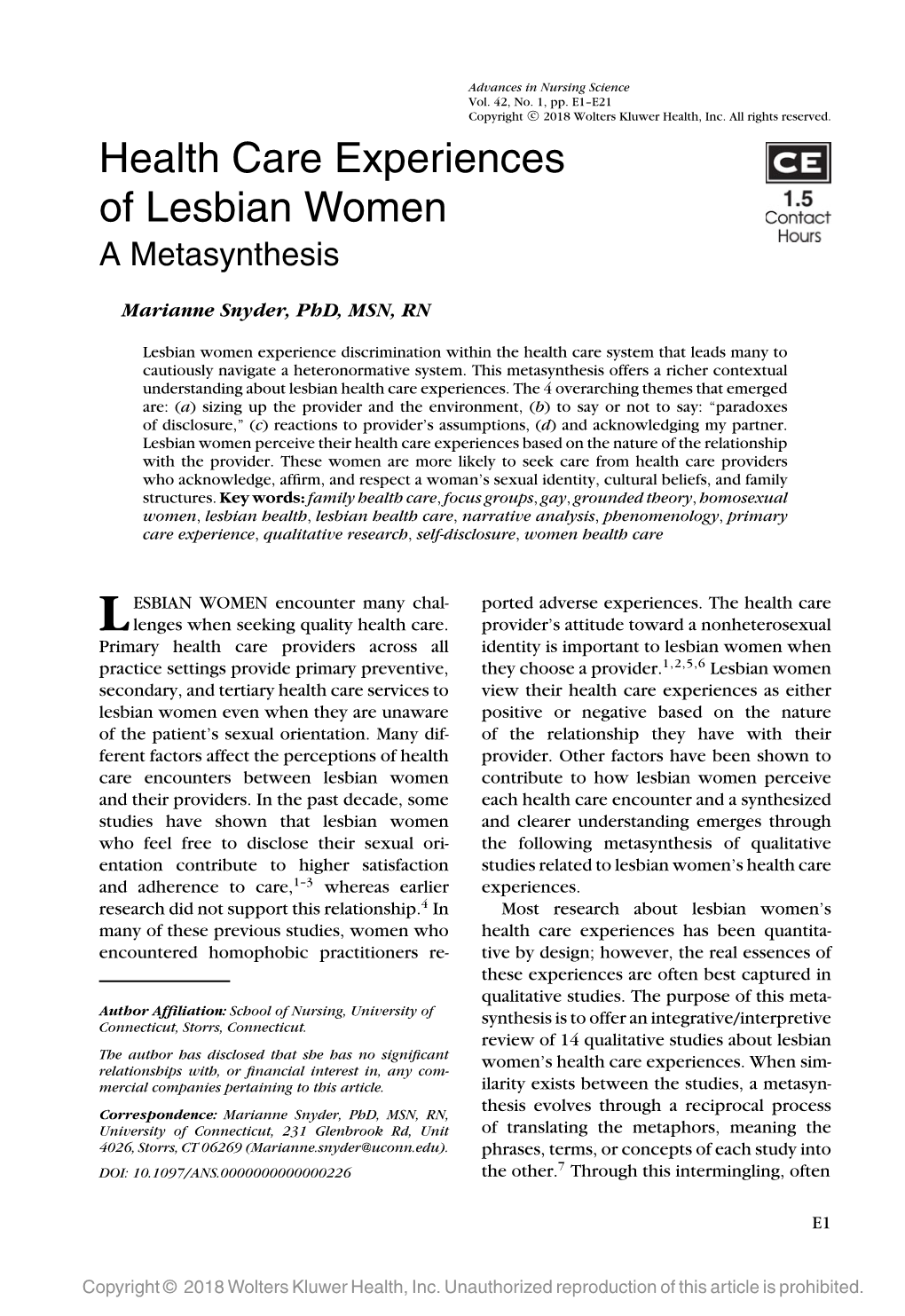 Health Care Experiences of Lesbian Women a Metasynthesis