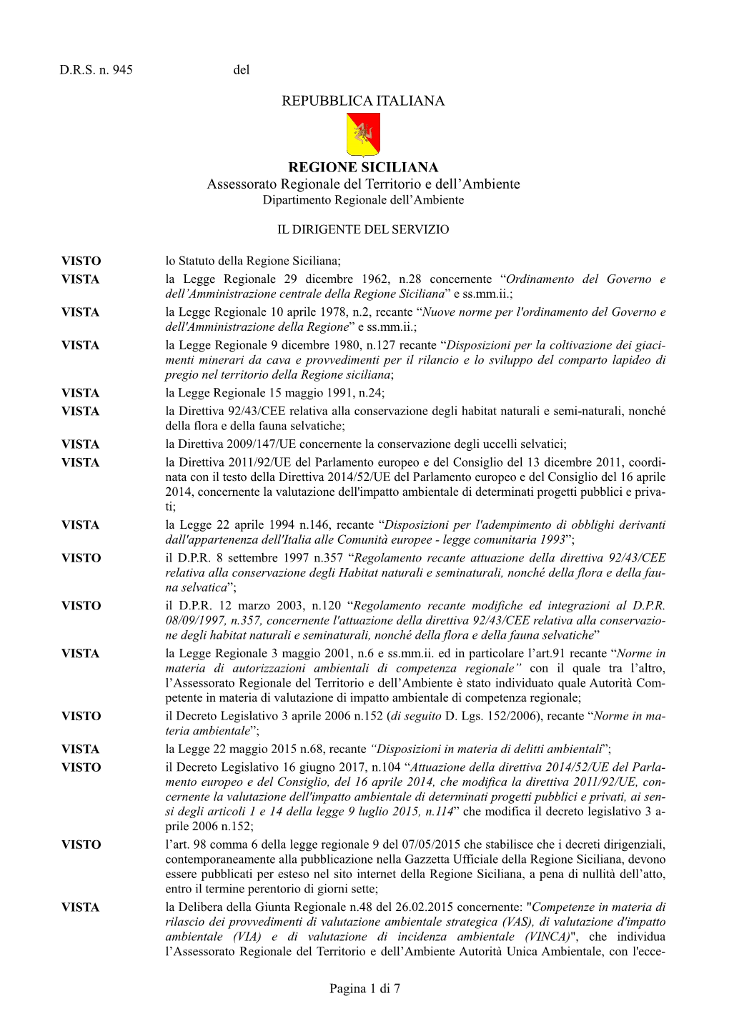 Dipartimento Regionale Dell'ambiente Ai Sensi Dell'art