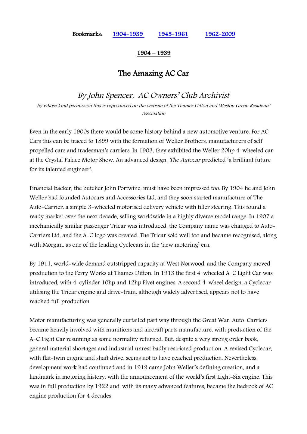 The Amazing AC Car by John Spencer, AC Owners' Club Archivist