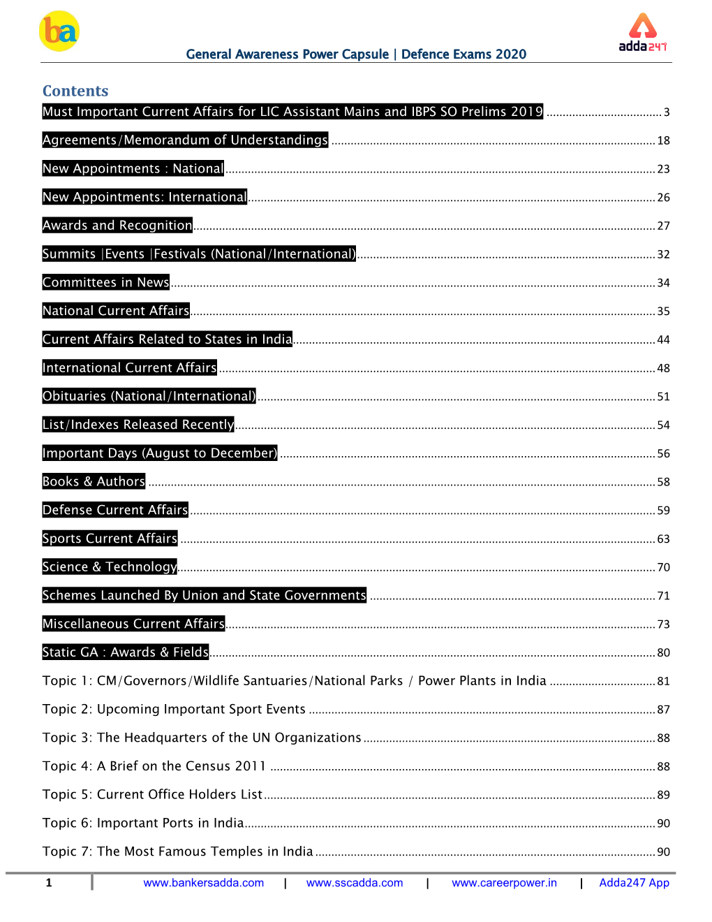 Contents Must Important Current Affairs for LIC Assistant Mains and IBPS SO Prelims 2019