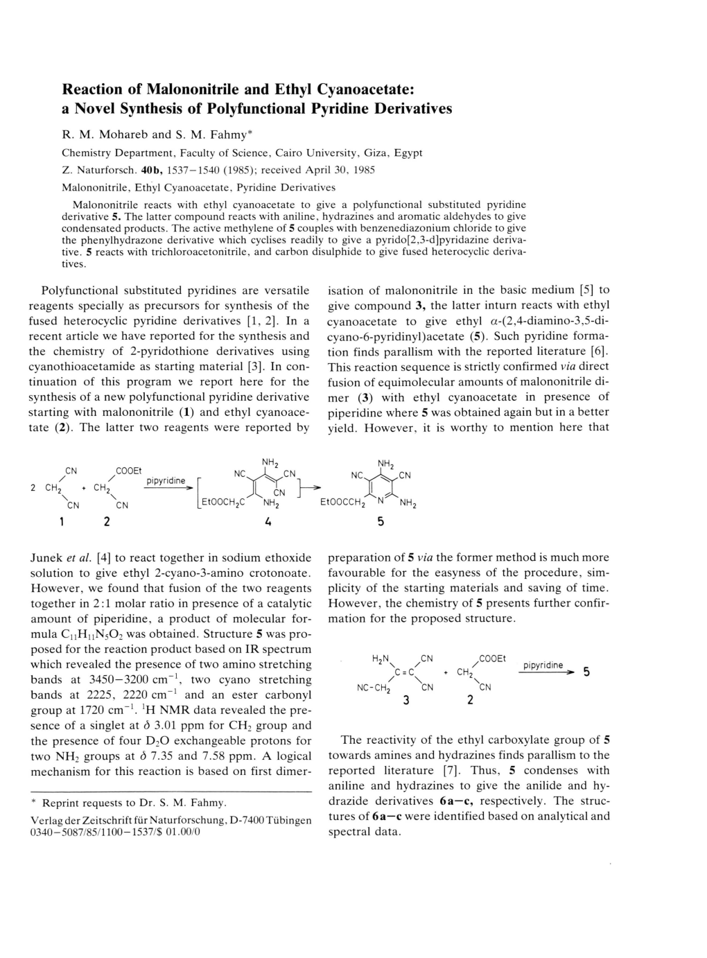 Reaction of Malononitrile and Ethyl Cyanoacetate: a Novel Synthesis of Polyfunctional Pyridine Derivatives