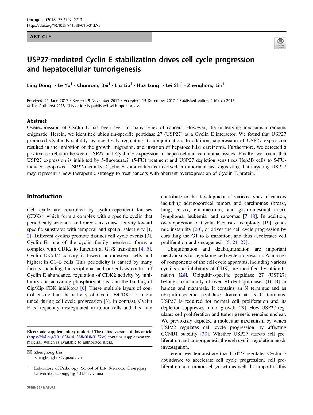 USP27-Mediated Cyclin E Stabilization Drives Cell Cycle Progression and Hepatocellular Tumorigenesis