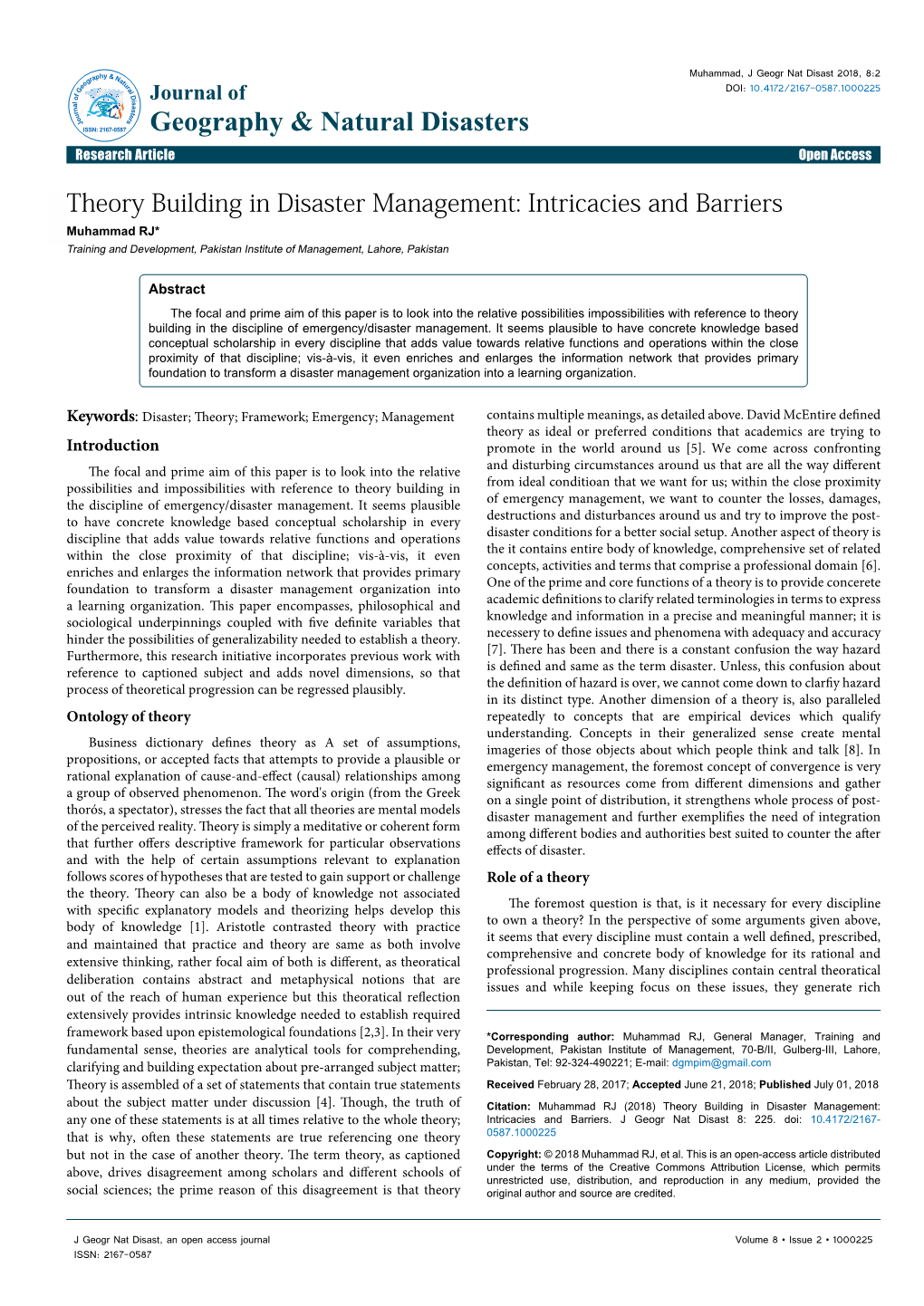 Theory Building in Disaster Management: Intricacies and Barriers Muhammad RJ* Training and Development, Pakistan Institute of Management, Lahore, Pakistan