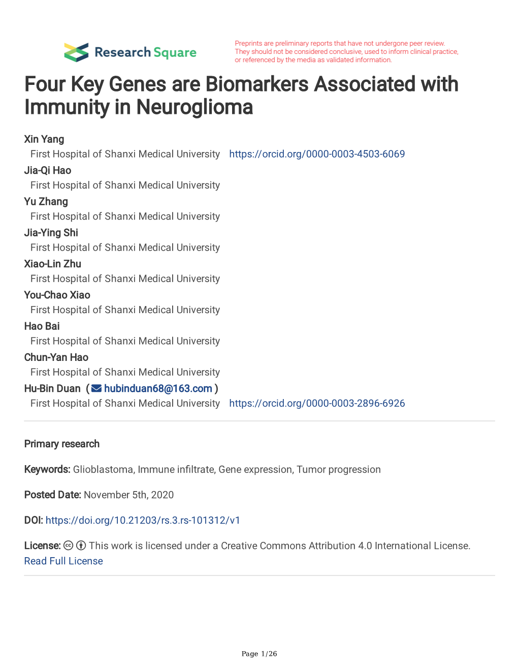 Four Key Genes Are Biomarkers Associated with Immunity in Neuroglioma
