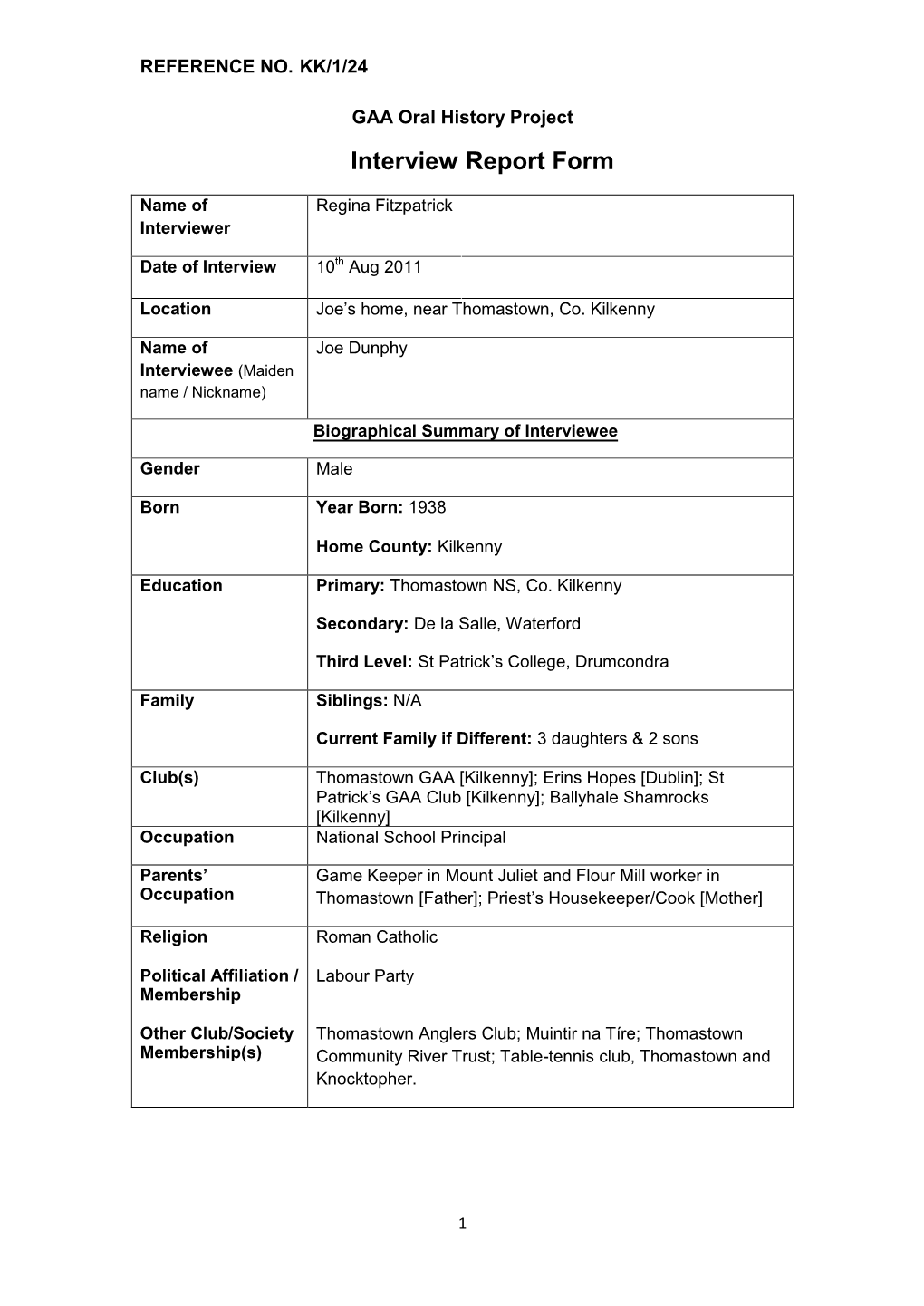 GAA Oral History Project Interview Report Form