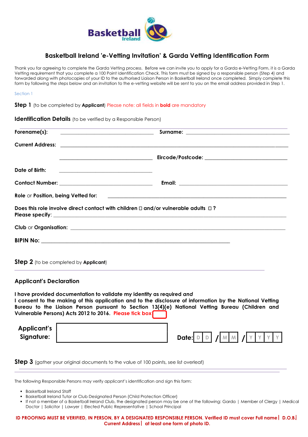 Garda Vetting Identification Form Applicant's Signature