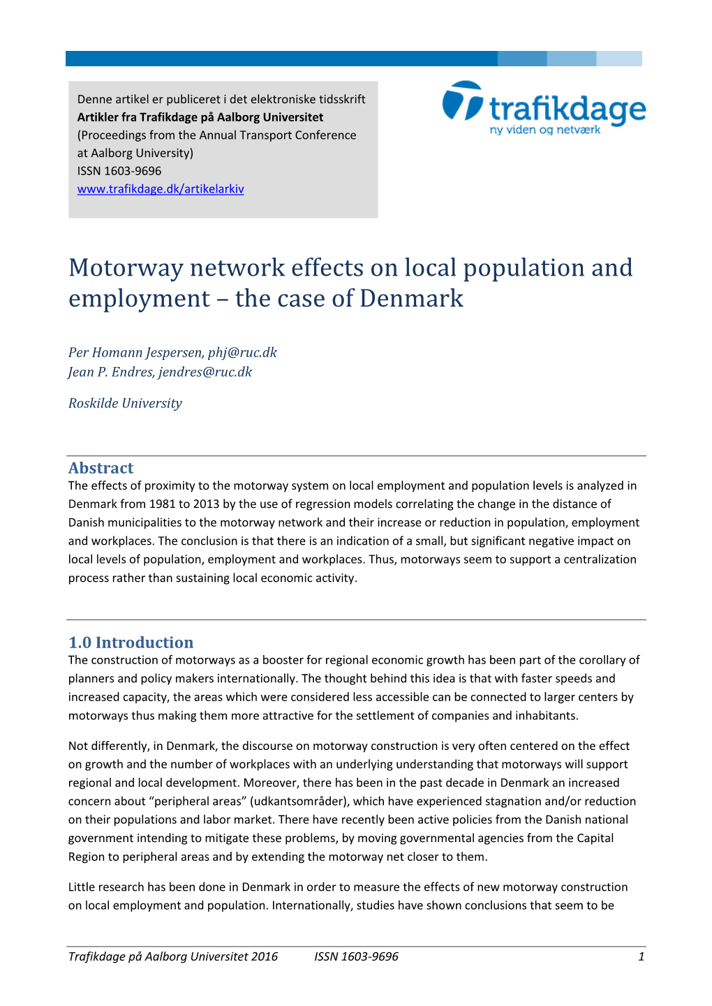 Motorway Network Effects on Local Population and Employment – the Case of Denmark