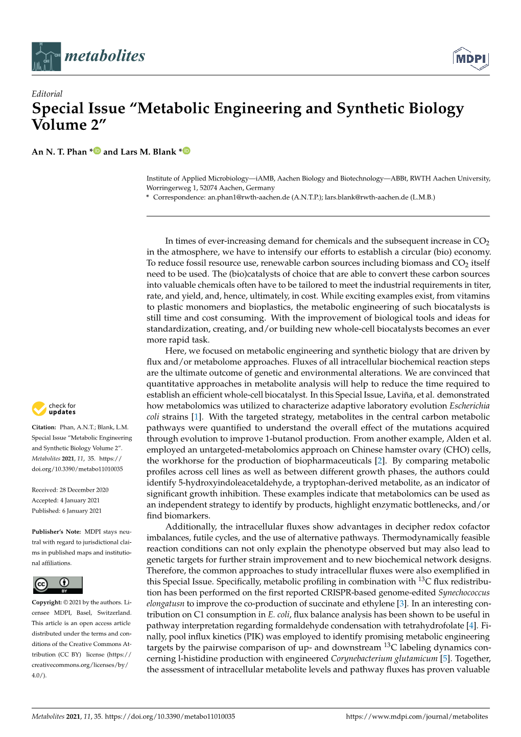 Special Issue “Metabolic Engineering and Synthetic Biology Volume 2”