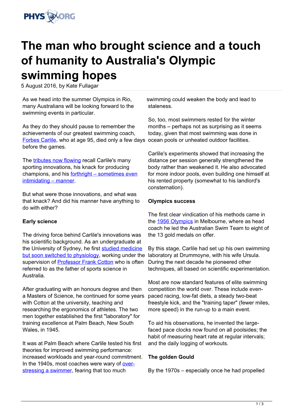 The Man Who Brought Science and a Touch of Humanity to Australia's Olympic Swimming Hopes 5 August 2016, by Kate Fullagar