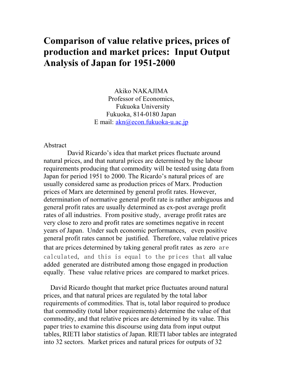 Market Price and Natural Price: Convergence Or Divergence, Case Study for Japan 1960-2000