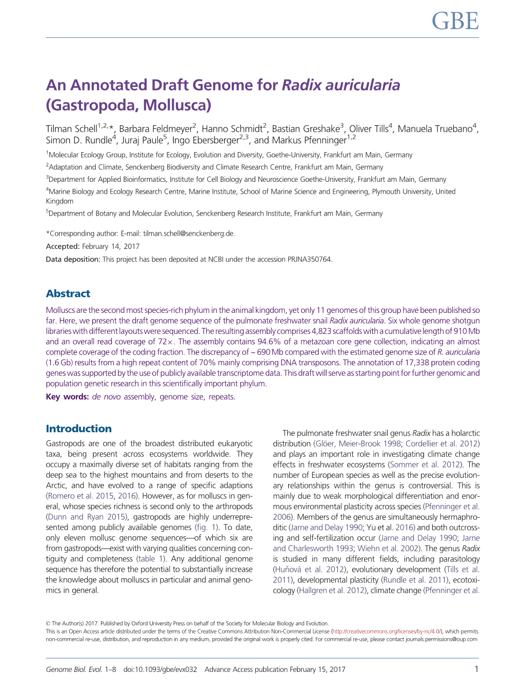 An Annotated Draft Genome for Radix Auricularia (Gastropoda, Mollusca)