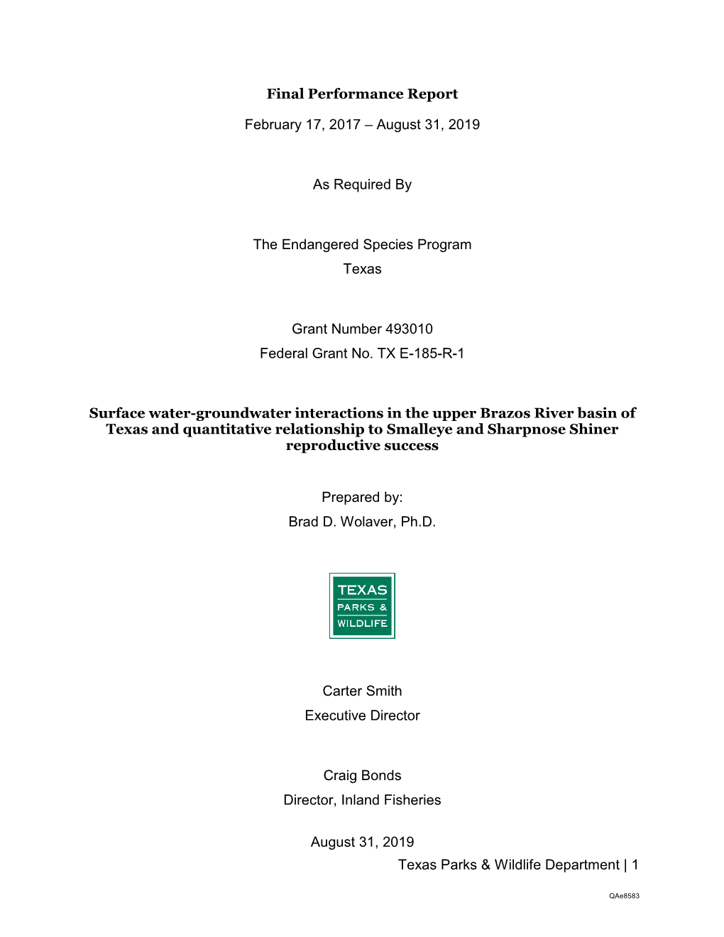 Surface Water-Groundwater Interactions in the Upper Brazos River Basin of Texas and Quantitative Relationship to Smalleye and Sharpnose Shiner Reproductive Success