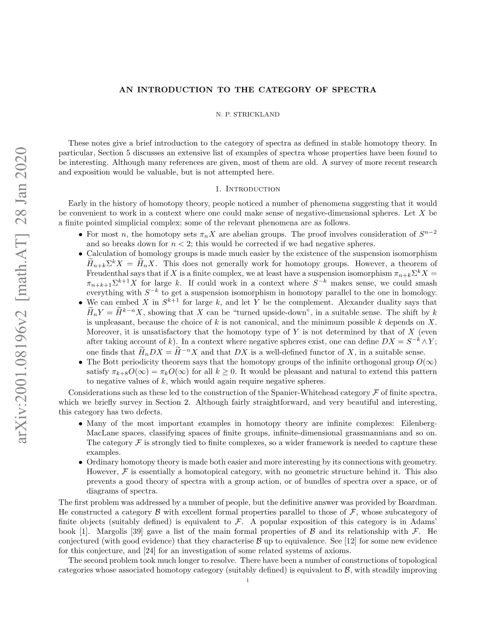 An Introduction to the Category of Spectra