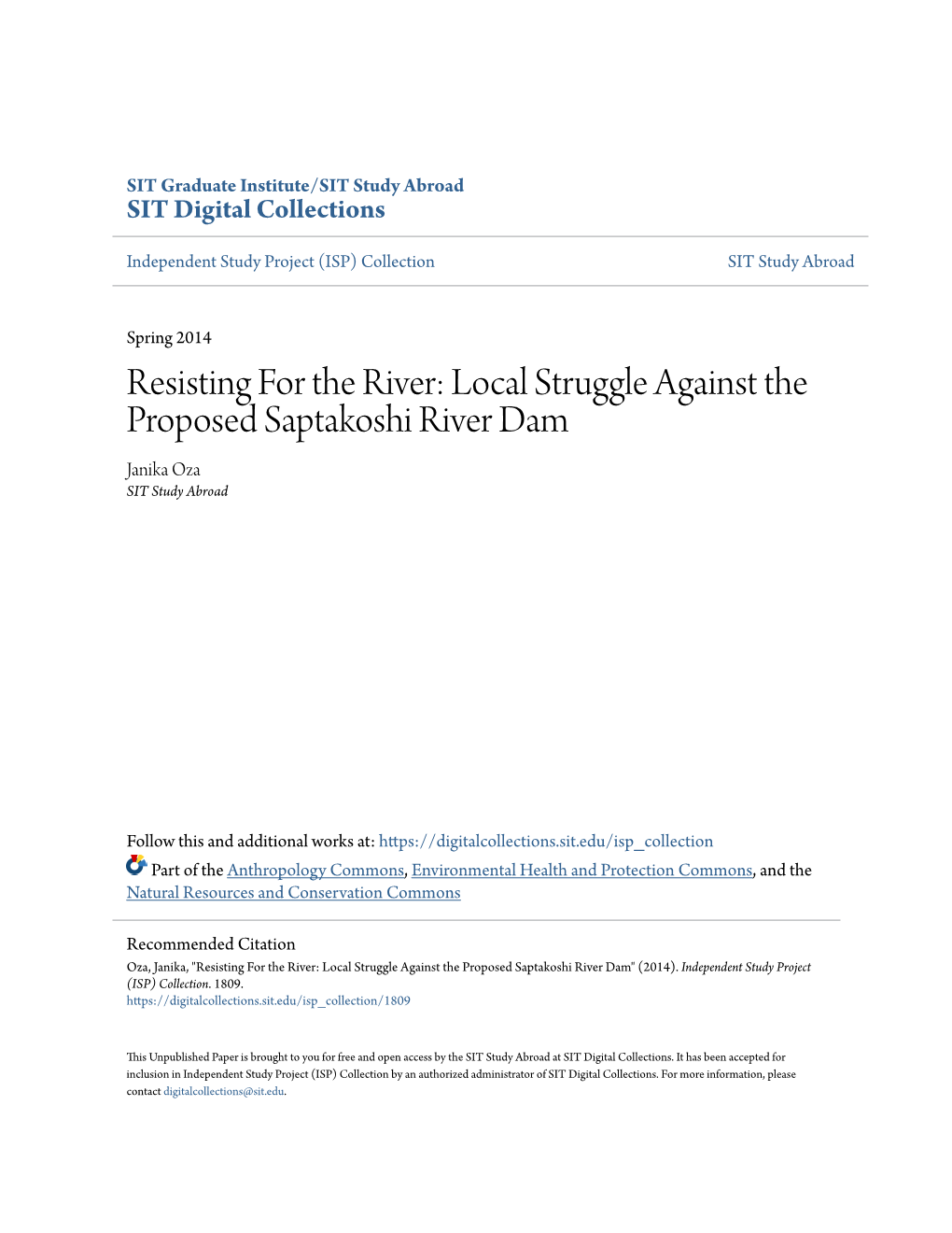 Local Struggle Against the Proposed Saptakoshi River Dam Janika Oza SIT Study Abroad