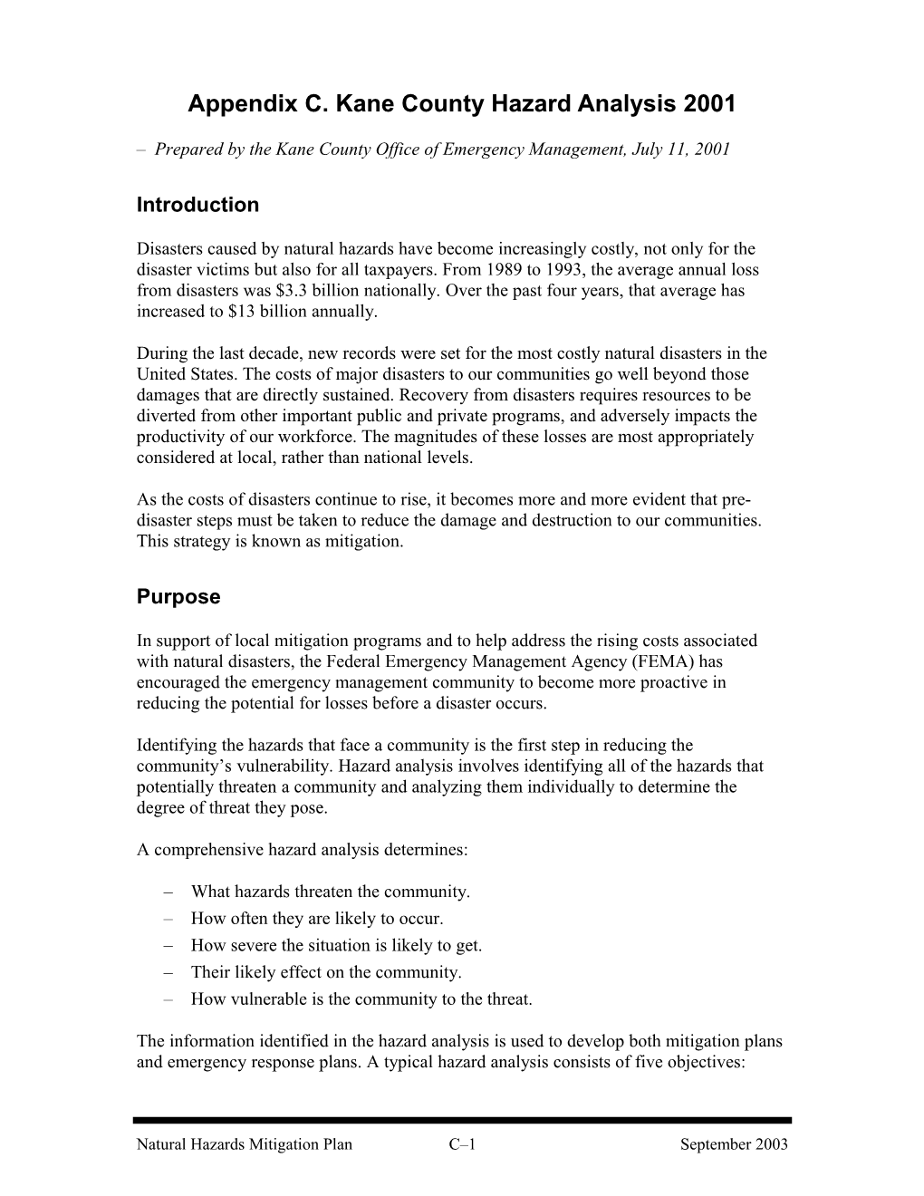 Appendix C. Kane County Hazard Analysis 2001