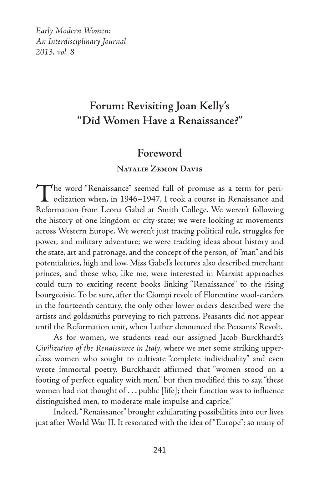 Revisiting Joan Kelly's “Did Women Have a Renaissance?” Foreword