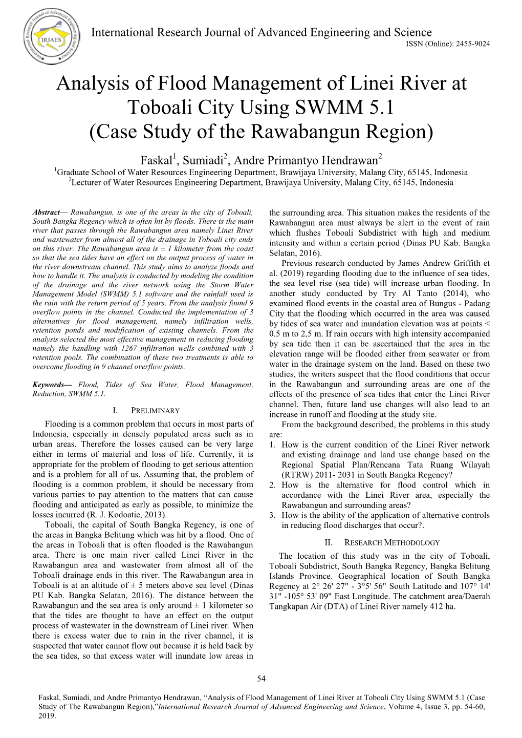 Analysis of Flood Management of Linei River at Toboali City Using SWMM 5.1 (Case Study of the Rawabangun Region)